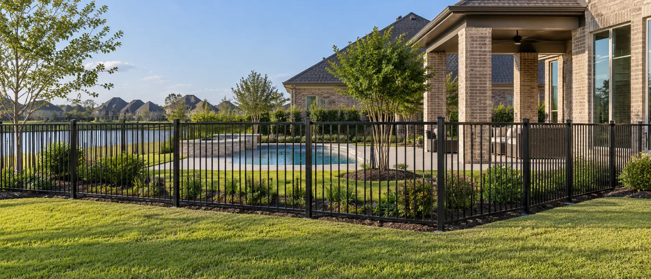 Illustration of a black aluminum fence surrounding a backyard pool