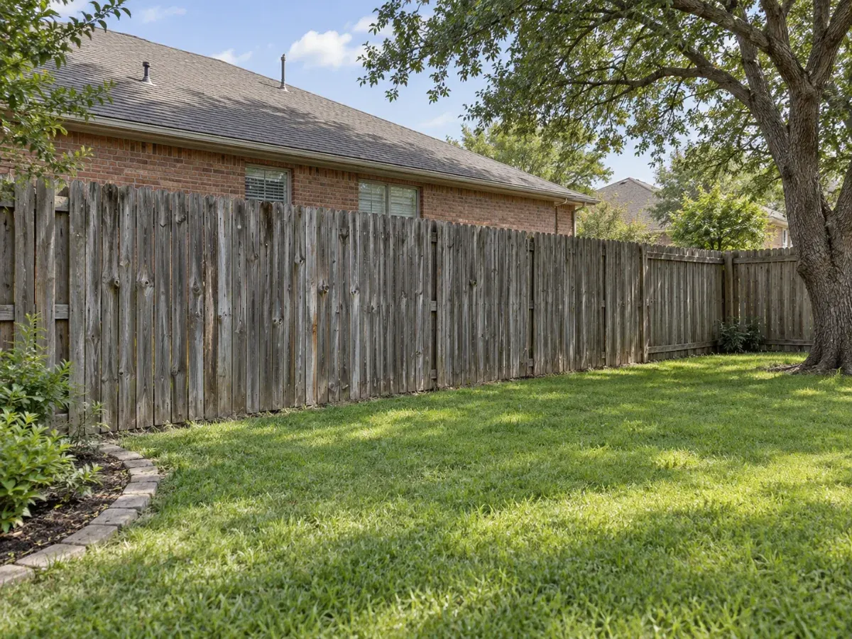 Illustration of an old, weathered gray wood fence along a backyard lawn before replacement