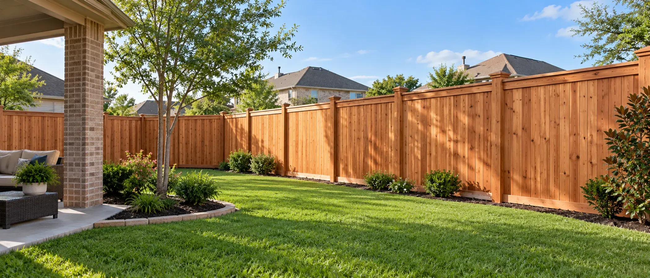 Illustration of a cedar privacy fence with a capped top rail beside a backyard patio