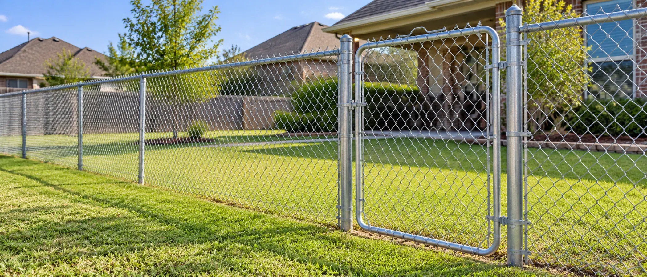 Illustration of a galvanized chain link fence with a walk gate around a backyard