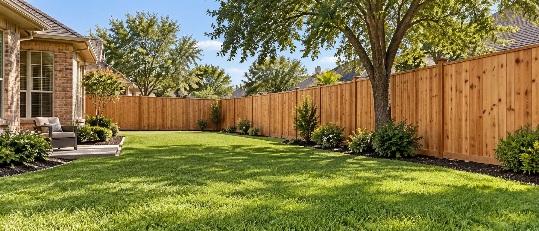 Illustration of a fully completed wood privacy fence installation enclosing a residential Texas backyard with a lawn, shade tree and patio