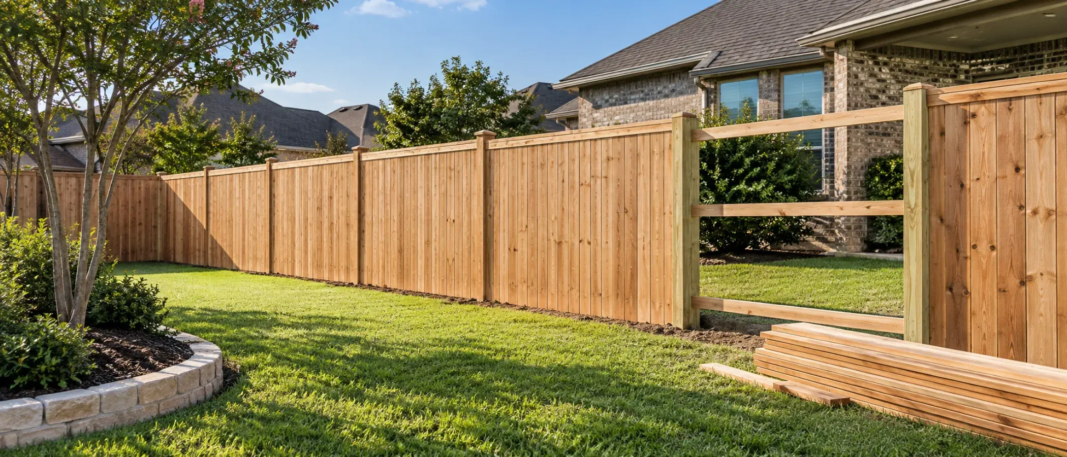 Illustration of a new wood privacy fence being installed, with fresh boards stacked on the lawn
