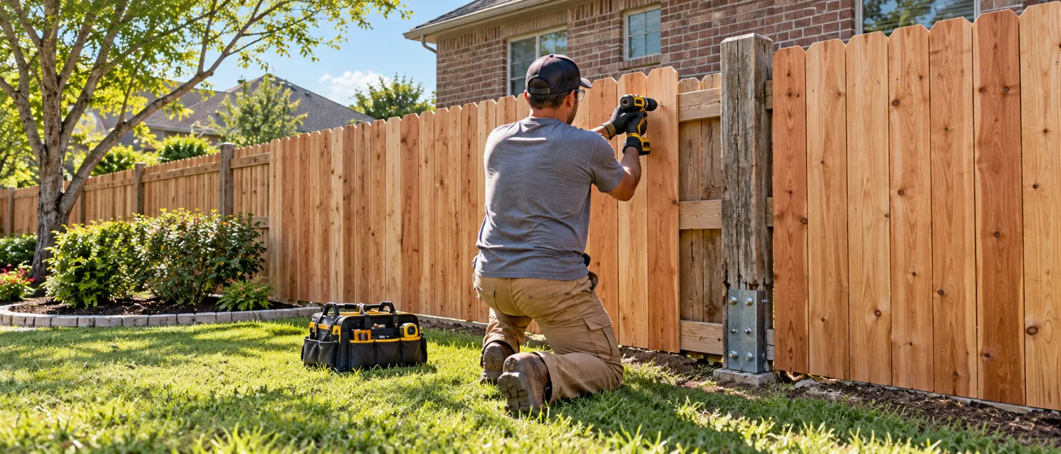 Illustration of a fence repair technician fastening new boards to a wood privacy fence beside a new metal post bracket