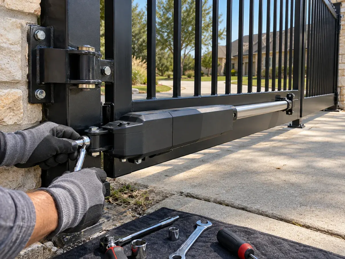 Illustration of a technician adjusting the opener arm on a black metal gate