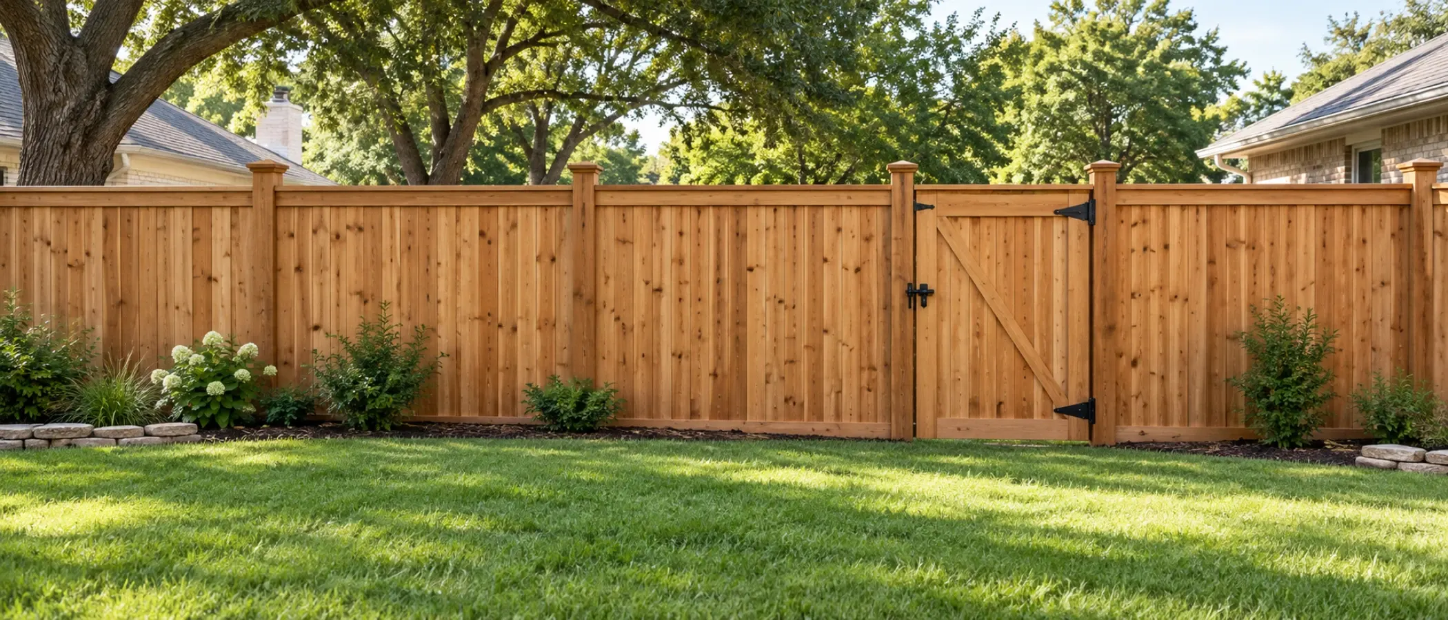Illustration of a wood privacy fence with a matching wood gate along a backyard lawn