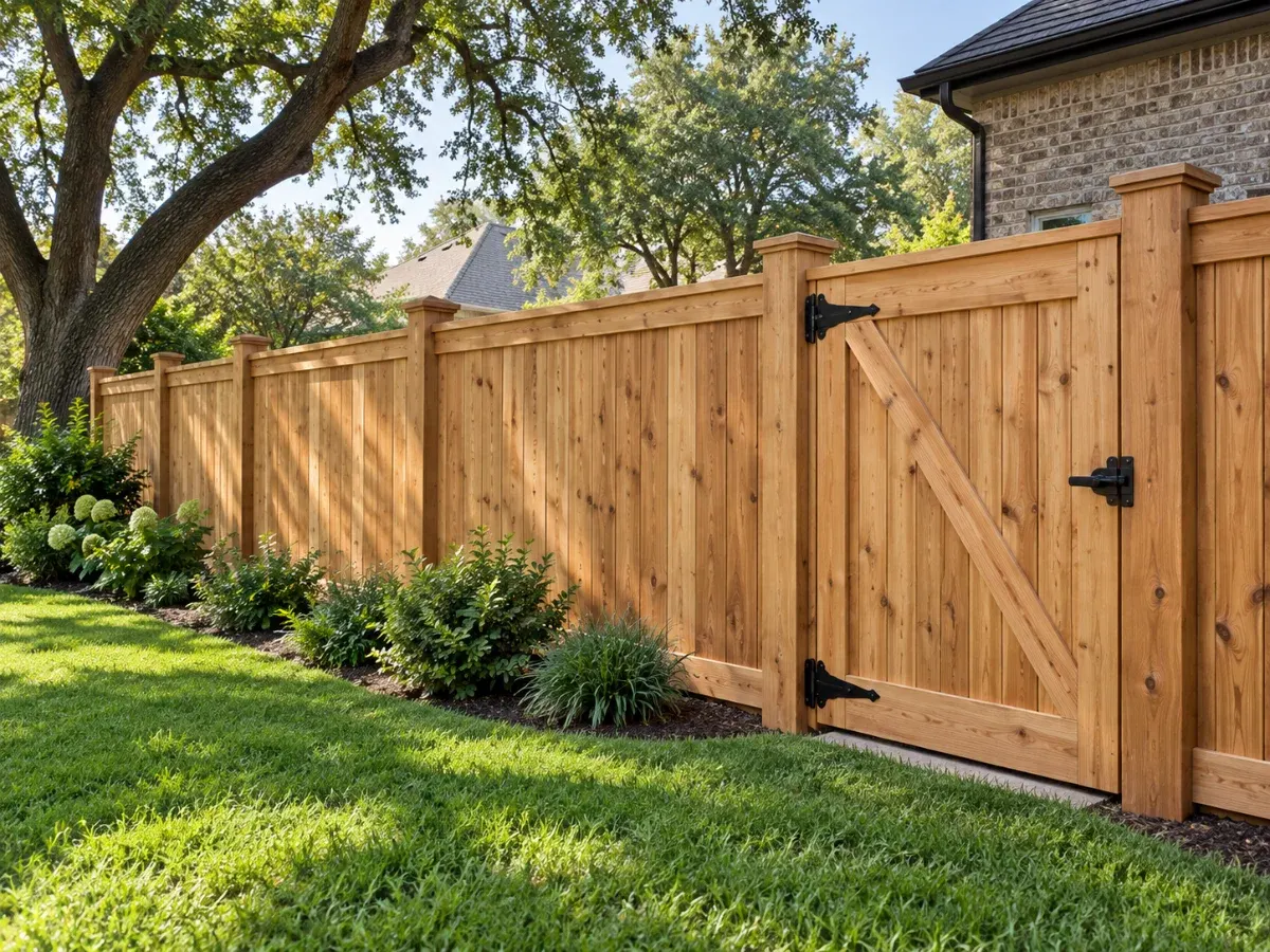 Illustration of a wood privacy fence with a matching wood gate beside a backyard lawn