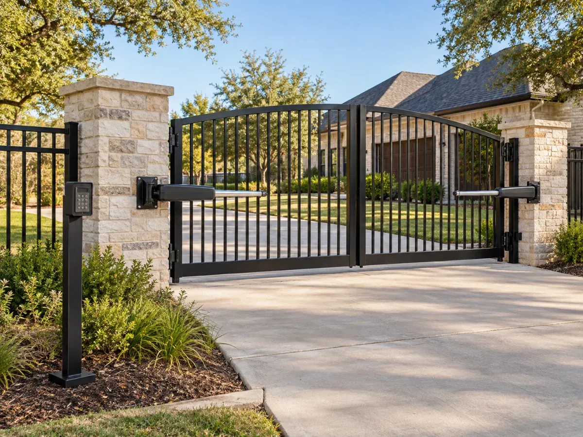Illustration of a black metal automatic swing gate across a driveway between stone columns