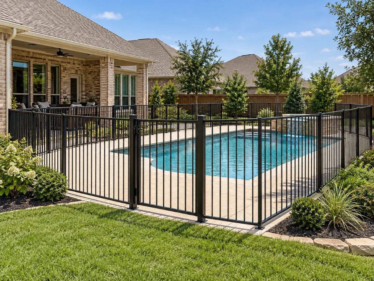 Illustration of a black aluminum fence surrounding a backyard pool