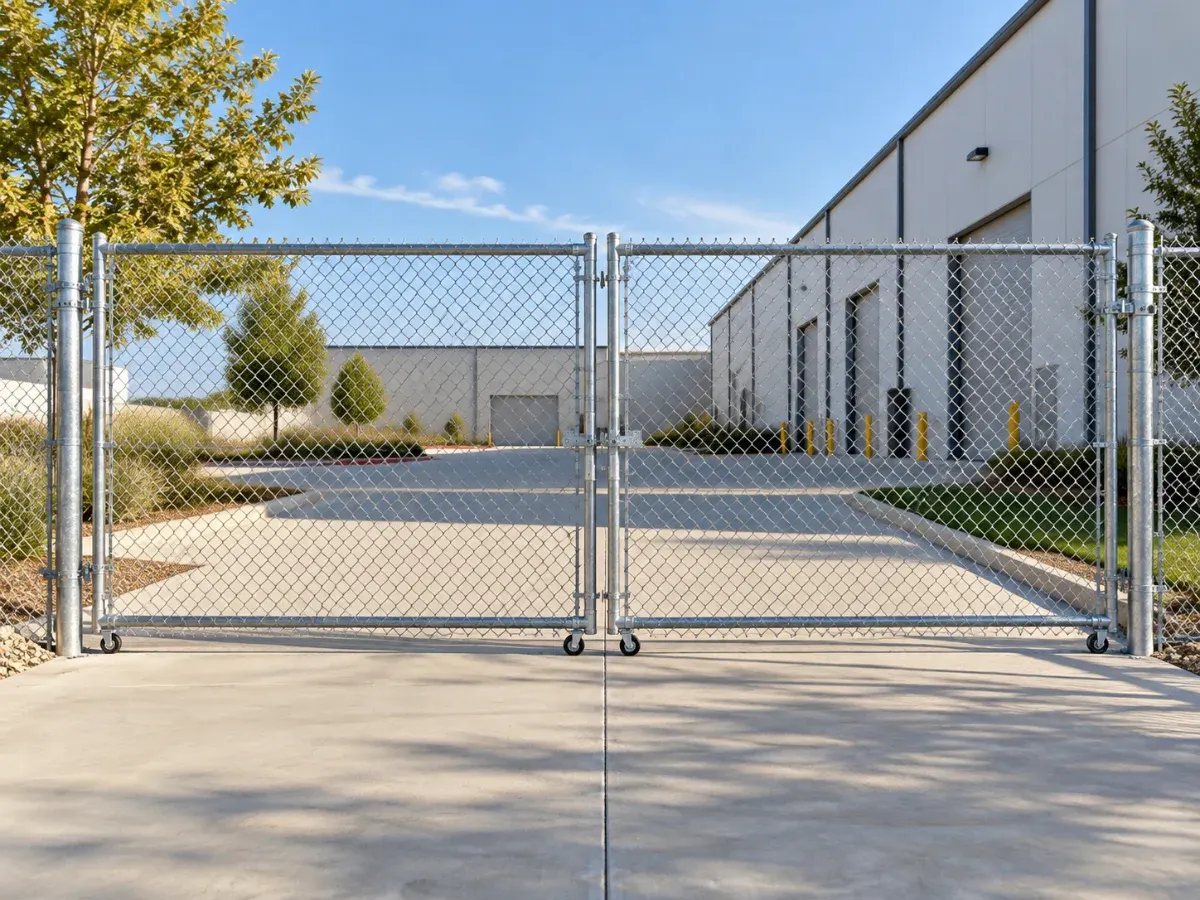 Illustration of a galvanized chain link fence with a double vehicle gate at a commercial lot