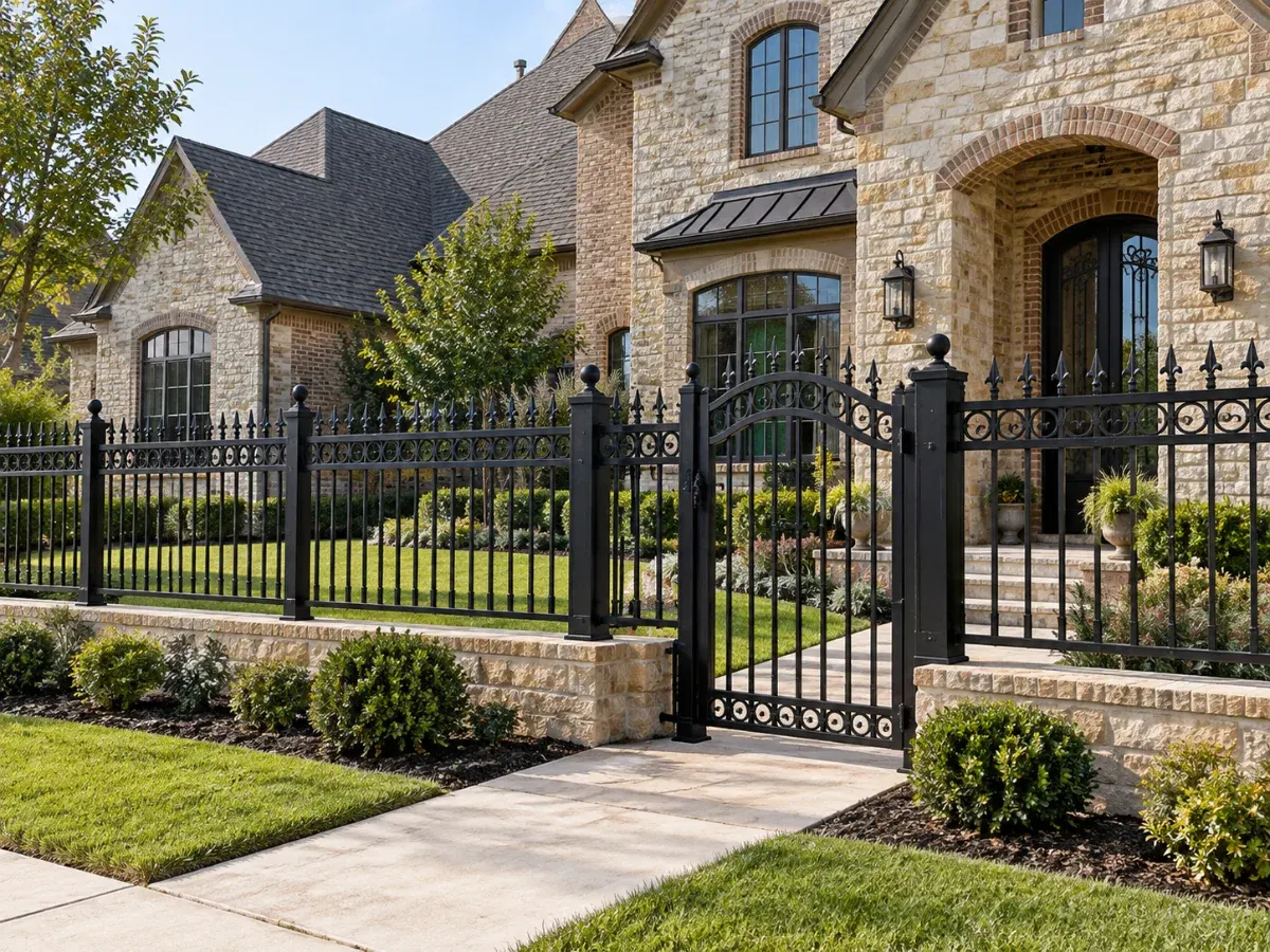 Illustration of an ornamental black wrought iron fence and gate in front of a stone house