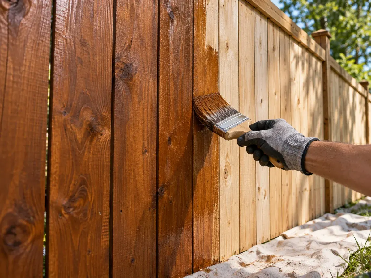 Illustration of a brush applying stain to a wood fence, half stained and half bare