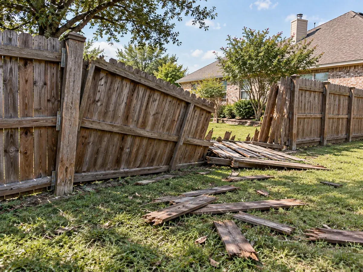 Illustration of a wood fence section knocked down by wind, with broken boards on the lawn