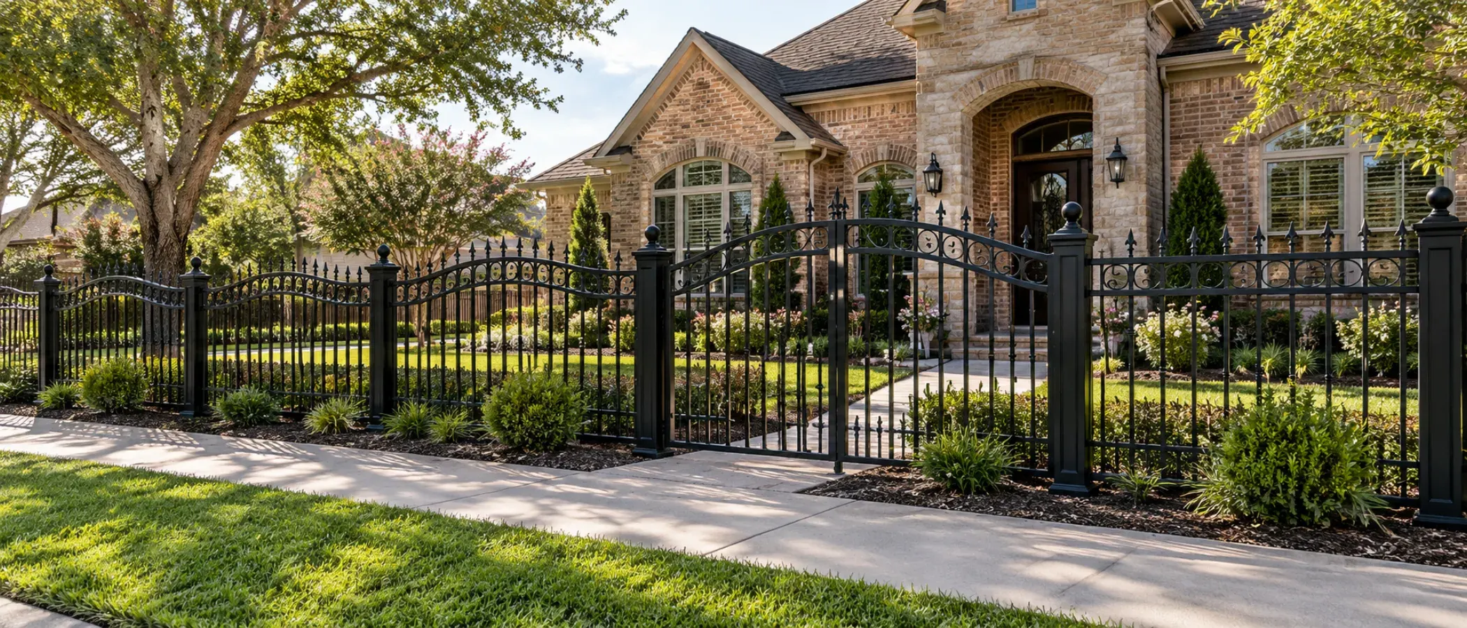 Illustration of an ornamental black wrought iron fence and gate in front of a stone house